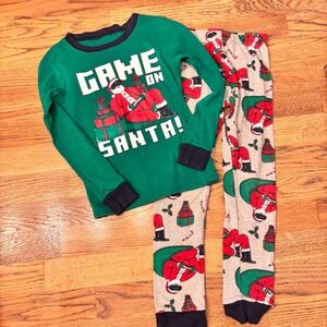 Carter's Kids‎ Pajamas Set Long Sleeve Pants Santa Graphic Print Green Gray 6